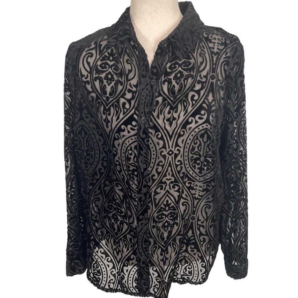 Covington Blouse Camisole Womens Large P Black Burnout Velvet Damask Shirt Sheer